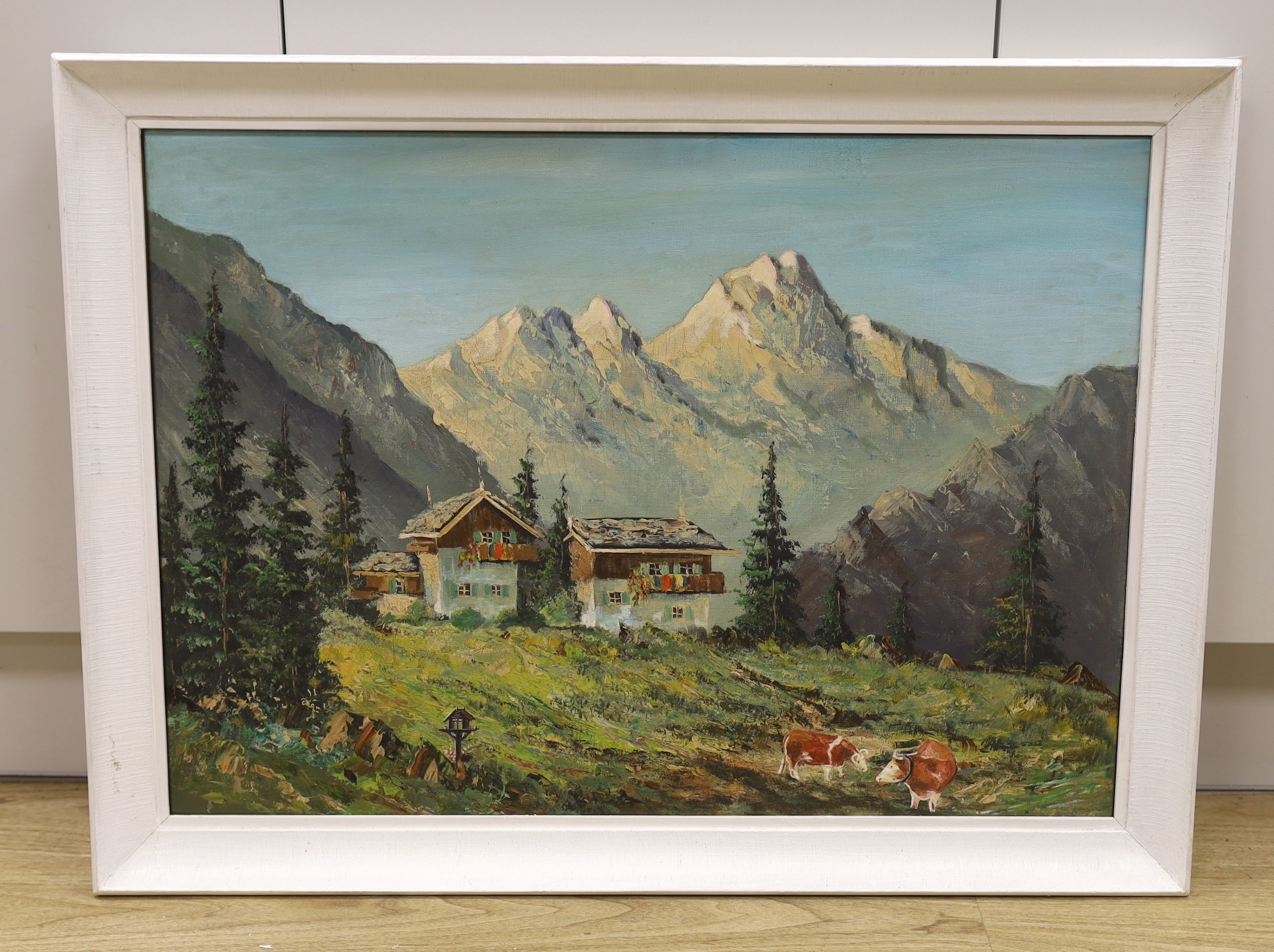 English School, oil on canvas, Alpine landscape with chalets, 52 x 70cm